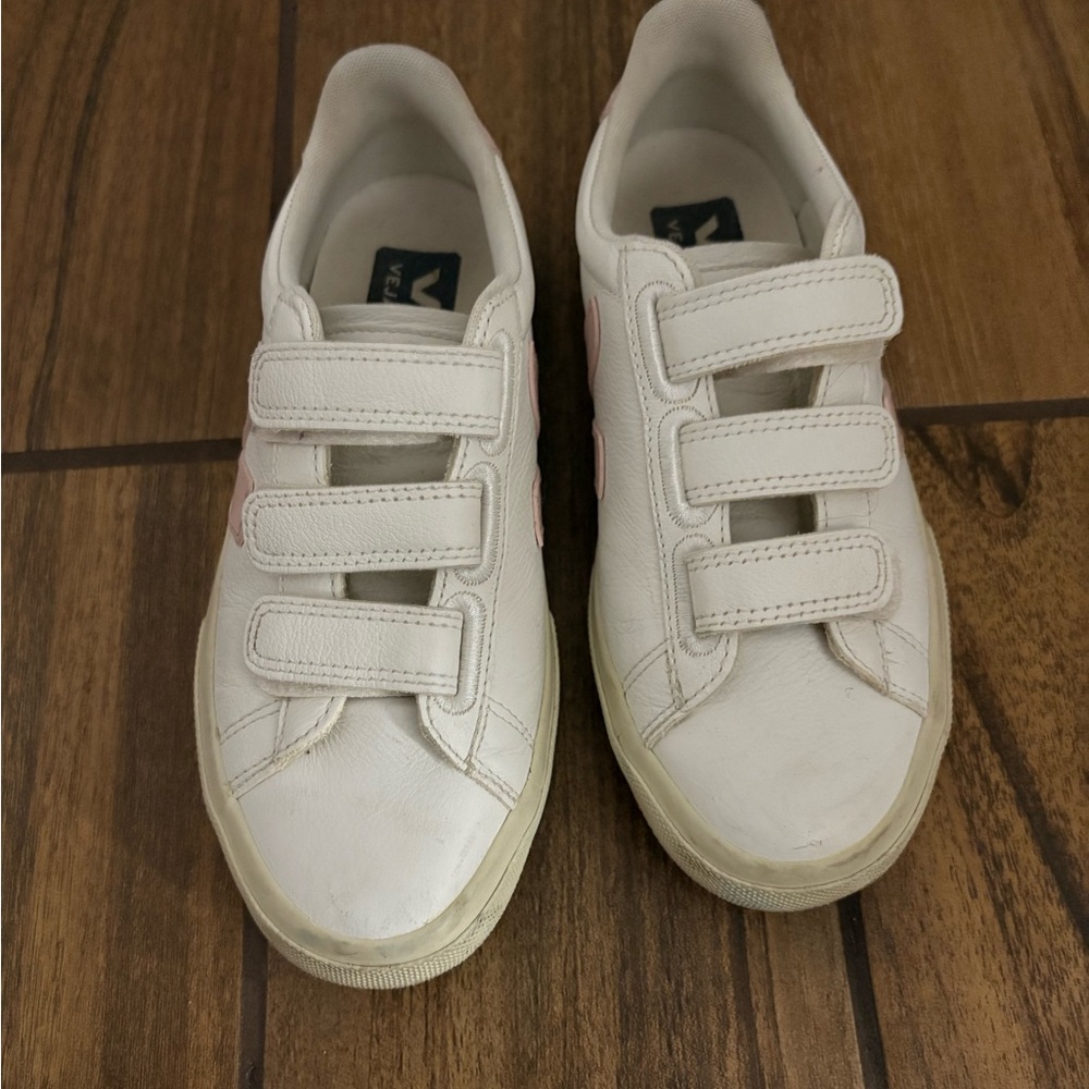 Veja White Sneakers with Pink Heel Accent — Kids Velcro Style